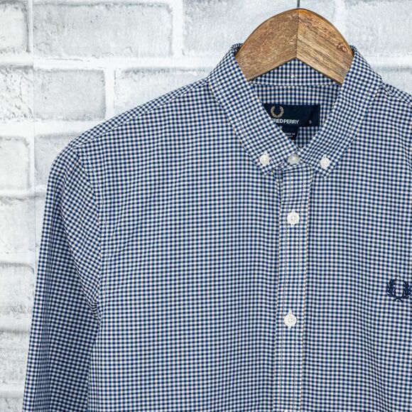 FRED PERRY Men's Blue Gingham check Button Down Shirt bottom stripe sz S - Picture 4 of 6